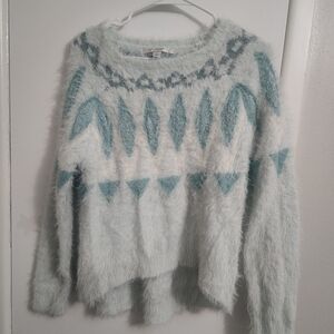 LC Lauren Conrad Fuzzy Teal and White Sweater